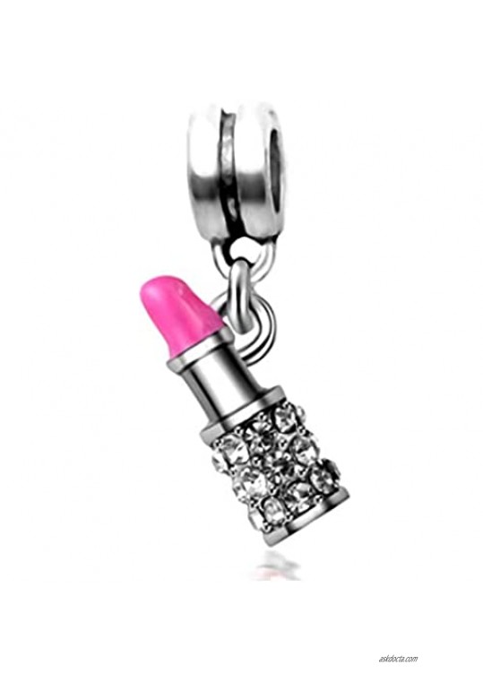 Dangle Lipstick with Crystals Charm Bead(Rose Pink/Clear)