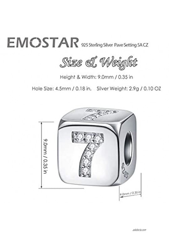 EMOSTAR Dice-Shaped Number 0-9 Charms and Poker 4-Suits Beads 925 Sterling Silver Square Cube Charms with CZ fits European Women Bracelet Idea Gifts for Birthday/Family/Lover