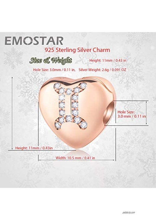 EMOSTAR Rose Gold Heart-Shaped Reflexions Zodiac Sign Clip Charms fits European Women Bracelet 925 Sterling Silver Lock Stopper Beads 12 Constellation Clips with CZ Gifts for Birthday/Christmas