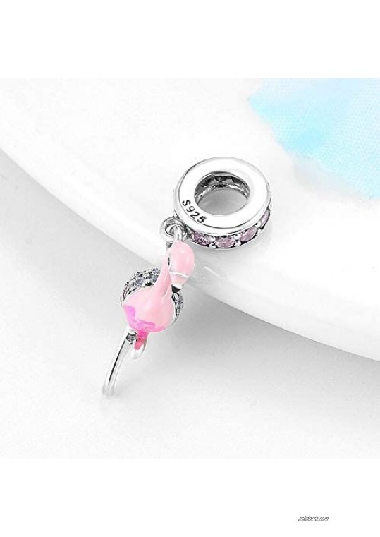 FAEFASH Pink Flamingo Charm 925 Sterling Silver Beads with Clear CZ Fit Women Pandora Style Bracelet for Thanksgiving/Christmas Day