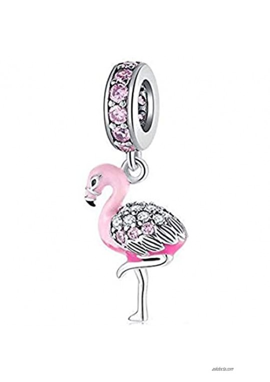 FAEFASH Pink Flamingo Charm 925 Sterling Silver Beads with Clear CZ Fit Women Pandora Style Bracelet for Thanksgiving/Christmas Day