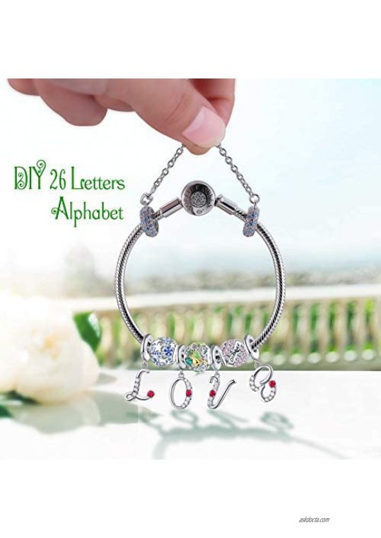 FOREVER QUEEN Initial A-Z Letter Charm 925 Sterling Silver Dangle Beads Charm Red Zircon Alphabet Pendants for Snake Chain Bracelets Necklace Mother Gift Jewelry