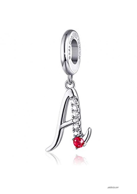 FOREVER QUEEN Initial A-Z Letter Charm 925 Sterling Silver Dangle Beads Charm Red Zircon Alphabet Pendants for Snake Chain Bracelets Necklace Mother Gift Jewelry