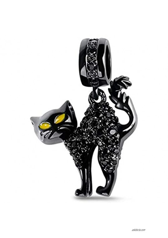 GNOCE Happy Halloween Black Cat Charm Pendant 925 Sterling Silver Elegant Animal Dangle Charm for Bracelet/Necklace Women Girls Friend