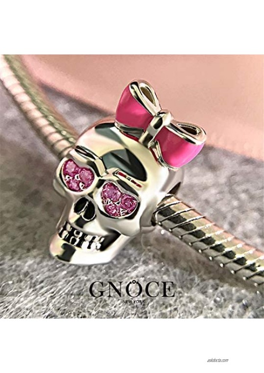 GNOCEHeart In My Eyes 925 Sterling Silver Pink Enamel Bowknot & Pink Sapphire Cz Stones Skull Charm Beads Pink Loving Eyes Best Gifts For Women Fit All Charm Bracelet/Necklace