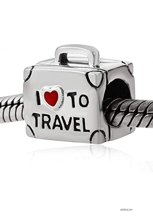 I Love to Travel Charm Solid 925 Sterling Silver Suitcase Charm with Red Enamel Heart for Charm Bracelet