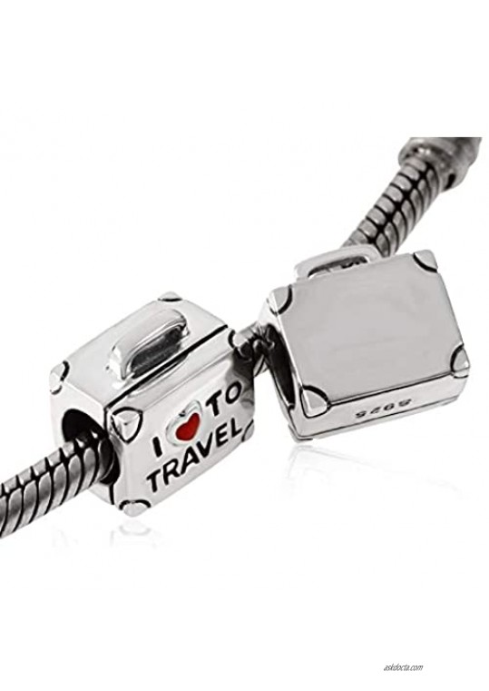 I Love to Travel Charm Solid 925 Sterling Silver Suitcase Charm with Red Enamel Heart for Charm Bracelet