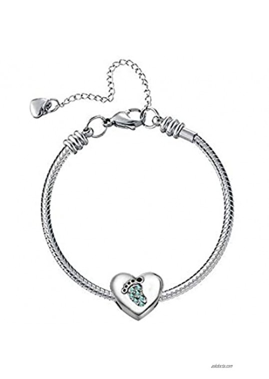 KunBead Baby Footprints Heart Love Charms Girls Birthday Birthstone Crystal Bead Silver Charms for Bracelets