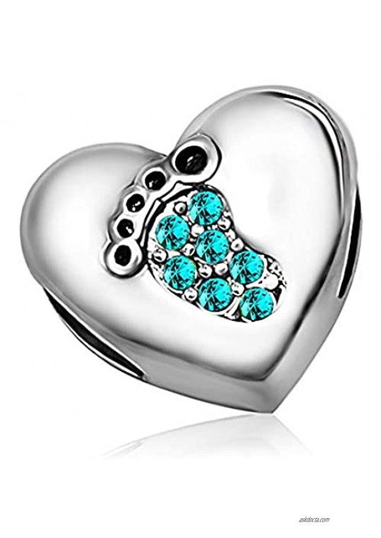 KunBead Baby Footprints Heart Love Charms Girls Birthday Birthstone Crystal Bead Silver Charms for Bracelets