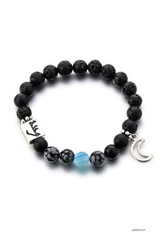 Lava Rock Beads Bracelet Lunar Phase Bracelet for Women Men Elastic Bracelets with Crescent Moon Charm with Obsidian Snowflake Beads