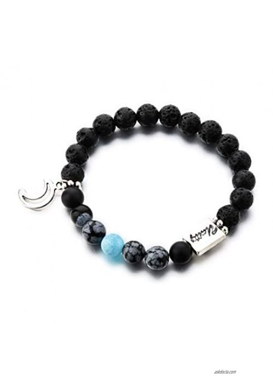 Lava Rock Beads Bracelet  Lunar Phase Bracelet for Women Men  Elastic Bracelets with Crescent Moon Charm with Obsidian Snowflake Beads