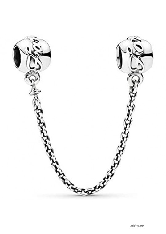 MiniJewelry Safety Chain Charm for Bracelets Key Heart Family Forever Secure Stopper Lock Beads Sterling Silver Safety Chain for Bracelets Compatible with Pandora Charms Bracelets