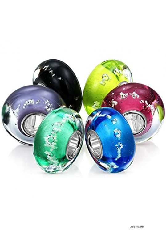 Mixed Set Of Bundle .925 Sterling Silver Core Translucent Multi Colors Glow In The Dark Murano Glass Swirl Charm Bead Spacer Fits European Bracelet For Women Teen