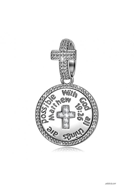NINAQUEEN 925 Sterling Silver Charm With God All Things Are Possible Cross Religious Dangle Charms for Pandöra Bracelets Inspirational Necklaces Birthday Gifts for Girlfriend Wife