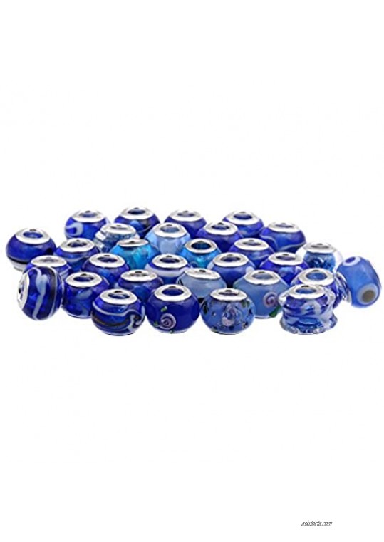 RUBYCA Mix Royal Blue Murano Lampwork Glass Bead Rondelle European Charm Bracelet Silver Color 30pcs