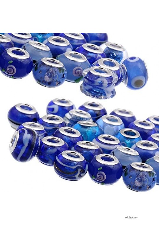 RUBYCA Mix Royal Blue Murano Lampwork Glass Bead Rondelle European Charm Bracelet Silver Color 30pcs