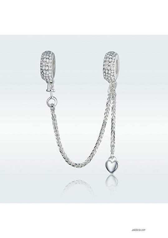 Safety Chain Charms Heart 925 Sterling Silver Beads fit Pandora Charms Bracelet & Necklace