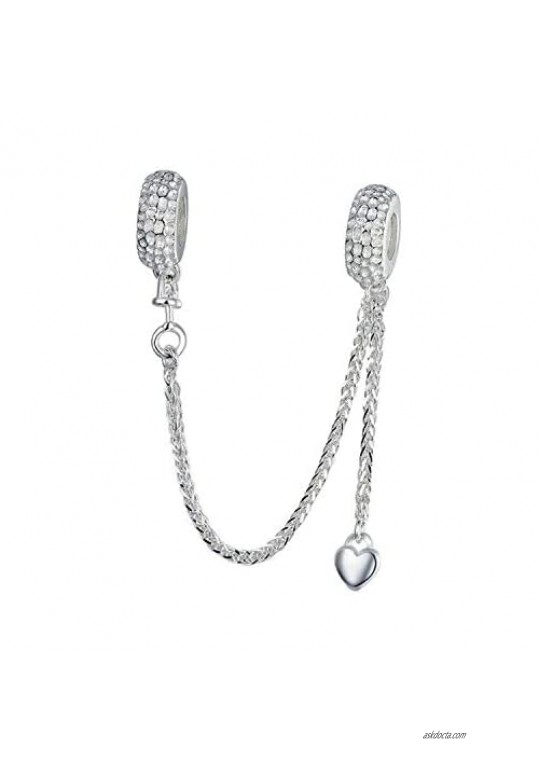 Safety Chain Charms Heart 925 Sterling Silver Beads fit Pandora Charms Bracelet & Necklace