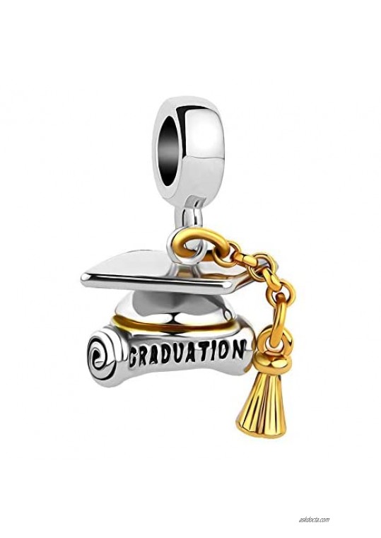 ShinyJewelry Graduation Gift Hat Cap Scroll Charm Dangle Bead For Bracelet