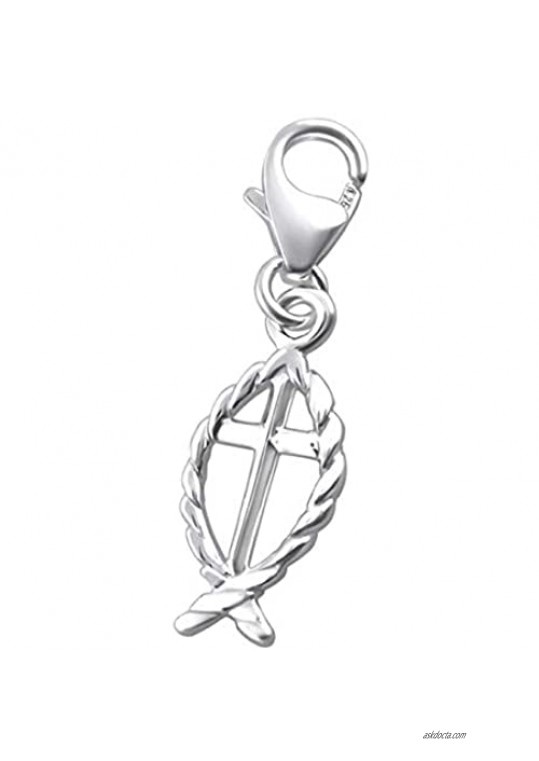 Fish Cross Charm Lobster Clasp Clip on Sterling Silver 925 (E12360)