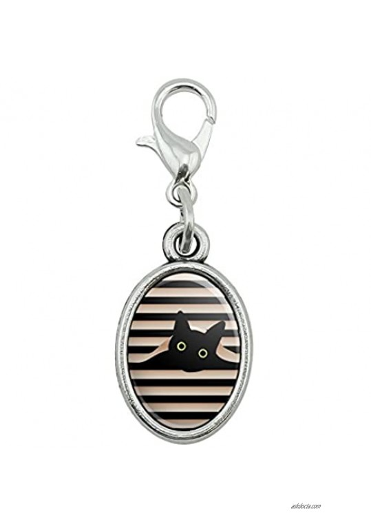 GRAPHICS & MORE Black Cat in Window Antiqued Bracelet Pendant Zipper Pull Oval Charm with Lobster Clasp