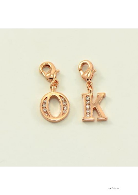 Lobster Clasp Clip On Initial Charms Dangle Cubic Zirconia Letter I Rose Gold Plating