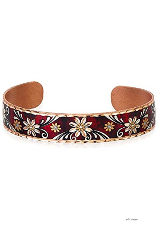 Adjustable Women Girls Flower Bracelets Handcrafted Copper Cuff Copper Jewelry with Multi-Colored Background