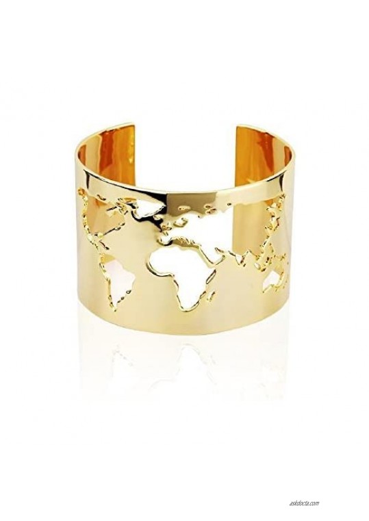 Amazing Handmade Travel Cuff Bangle Bracelet With World Map Cutting - Yellow Gold Plating Fashion Jewelry Accessory By SKSU