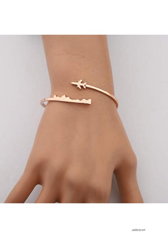 BAUNA World Travel Airplane Bracelet Pilot Gift Open Cuff Bangle Bracelet Aviation Jewelry Flight Attendant Gift