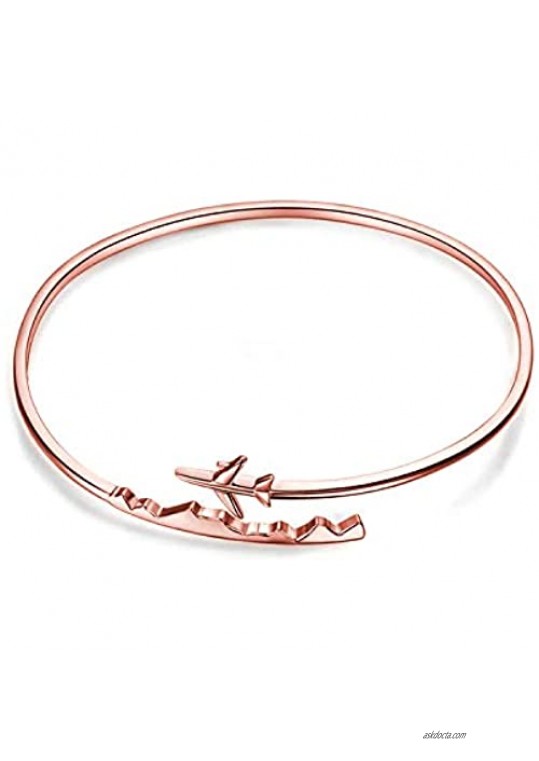 BAUNA World Travel Airplane Bracelet Pilot Gift Open Cuff Bangle Bracelet Aviation Jewelry Flight Attendant Gift