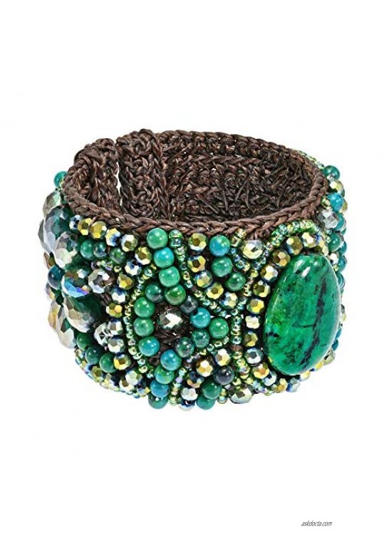 Boho Chic Floral and Green Malachite Teardrop Accents Mosaic Crystals Cuff Bracelett