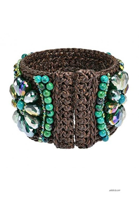 Boho Chic Floral and Green Malachite Teardrop Accents Mosaic Crystals Cuff Bracelett