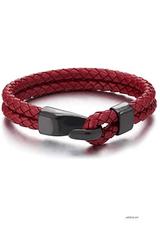 COOLSTEELANDBEYOND Mens Womens Two-Row Red Braided Leather Bangle Bracelet Wristband with Black Steel Hook Clasp