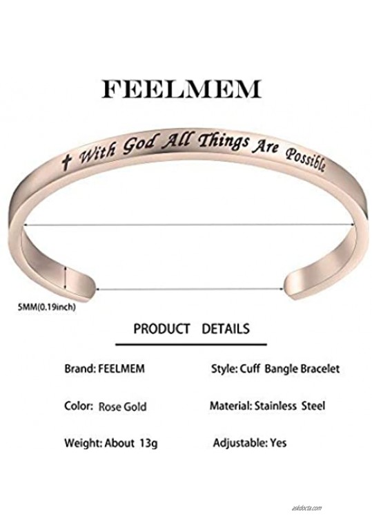 FEELMEM Matthew 19:26 With God All Things Are Possible Faith Cuff Bangle Bracelet- Religious Jewelry- Inspirational Christian Gifts