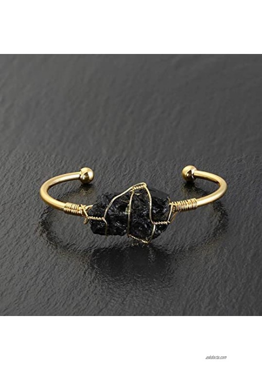 Jovivi Gold Plated Gemstone Cuff Bracelets for Women Irregular Natural Raw Rough Quartz Healing Crystal Wire Wrapped Cuff Bracelet Bangle