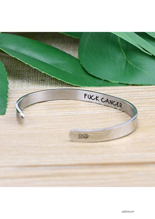 MEMGIFT Cancer Bracelets Survivor Inspirational Motivational Jewelry Gifts for Her Ribbon Engraved Cancer Mantra Cuff