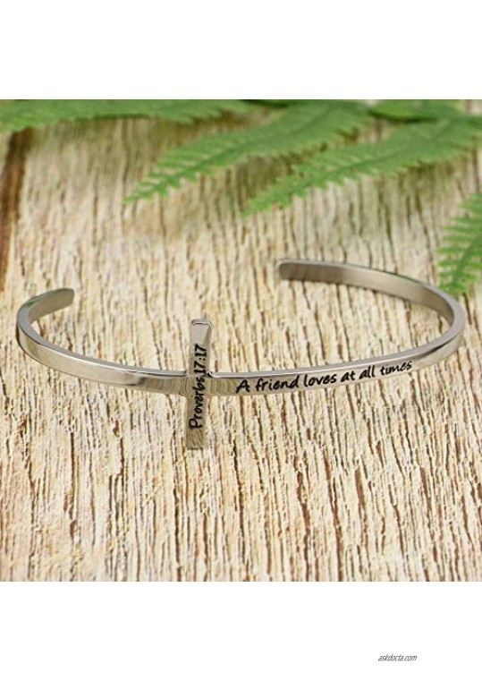 MEMGIFT Religious Bracelets for Women Girls Christian Cross Cuff Baptism Faith Bible Verse Jewelry Stainless Steel Confirmation Birthday for Mother Sister Wife Friends