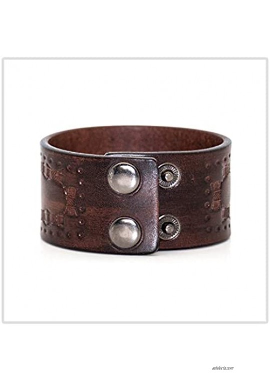 Mgutillart Punk Vintage Alloy Wide Wristband Print Leather Cuff Bracelet