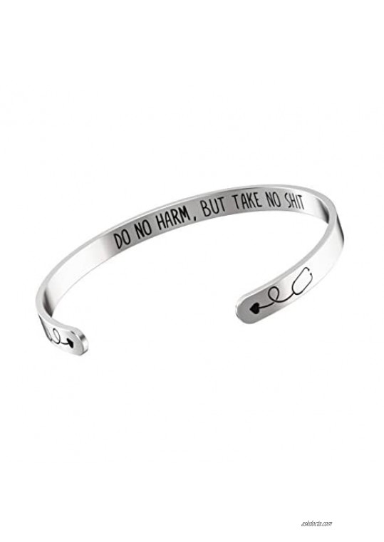 Nurse Bracelet - RN Gifts - Stainless Steel Bangle for Women – Silver cuff with stethoscope - inspirational mantra daily reminder – Christmas Birthday or Graduation gift