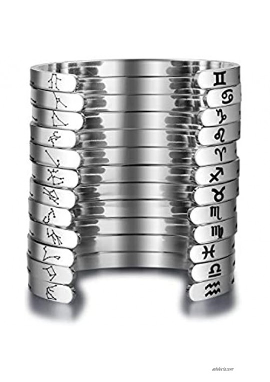 Silver Zodiac Cuff Bracelet Stainless Steel Engraving Size Adjustable Constellation Birthday Bracelet Gift for Women Teens Girls