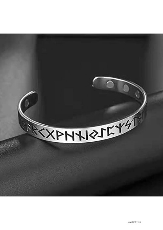 Viking Rune Bangle Bracelet - Nordic Elder Futhark Runes Viking Cuff - Stainless Steel Bangle with Magnetic Therapy