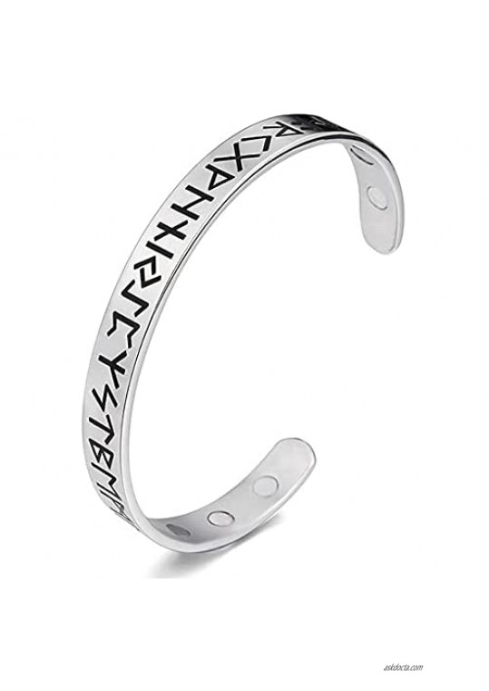 Viking Rune Bangle Bracelet - Nordic Elder Futhark Runes Viking Cuff - Stainless Steel Bangle with Magnetic Therapy