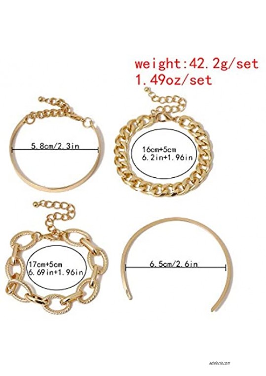 Xerling Design Cable Chain Bracelets Flat Cuff Thin Open Cuff Bangle Chunky Cuban Link Chain Bracelets Set (Gold)