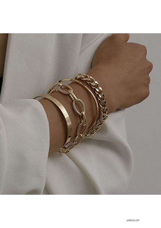 Xerling Design Cable Chain Bracelets Flat Cuff Thin Open Cuff Bangle Chunky Cuban Link Chain Bracelets Set (Gold)