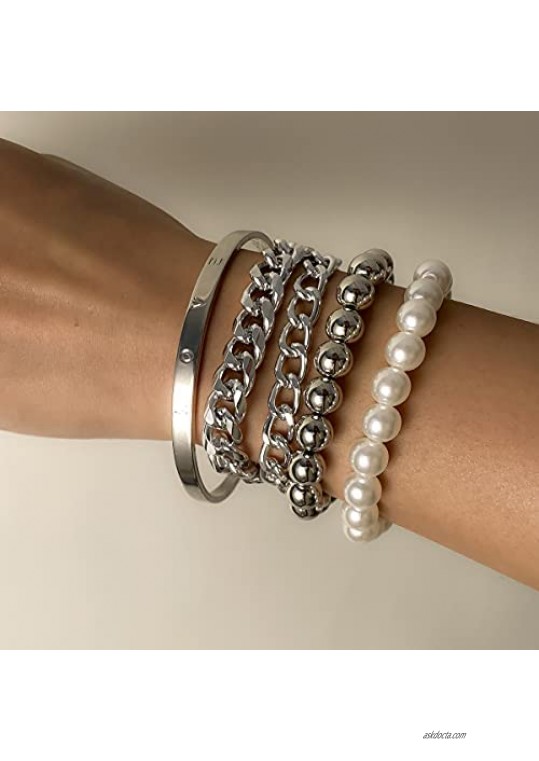 Xerling Open Cuff Bracelet Simulated Pearl Bangle Chunky Cuban Chain Bracelet for Women Teens Round Ball Beaded Bracelet for Girls 5Pcs (Silver)