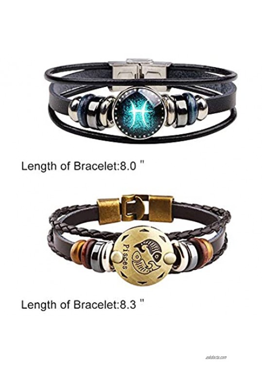 YANCHUN 2 Pcs Punk 12 Zodiac Constellation Bracelet Leather Horoscope Bracelet Bangle Set for Women Men