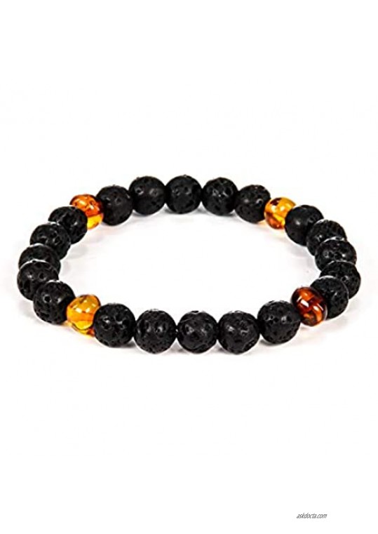 AMBERAGE Natural Baltic Amber - Lava Bracelet for Adults (Women/Men) - Hand Made from Lava and Polished/Certified Baltic Amber Beads(3 Colors- 2 Sizes)