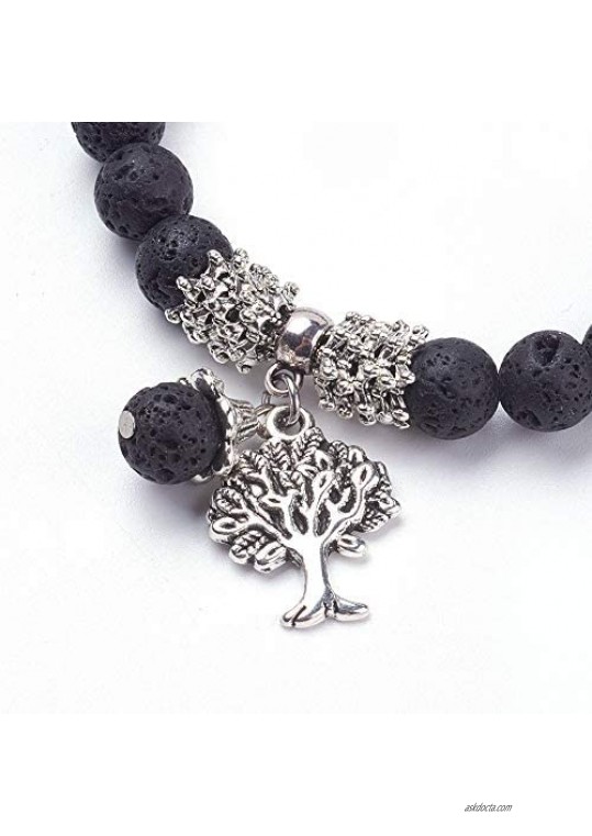AZURECASTLE Natural Black 8mm Lava Rock Stone Stretch Charm Bracelet with Tree of Life Charm Pendant Essential Oil