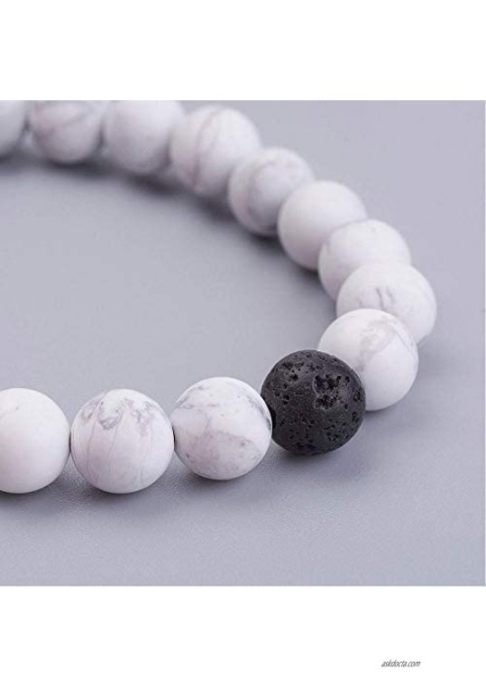 AZURECASTLE Natural White Howlite Semi-Precious Gemstone Bead Bracelet with Black Lava Rock Stone Bead Adjustable Braided Cord Essential Oil Men Women Unisex