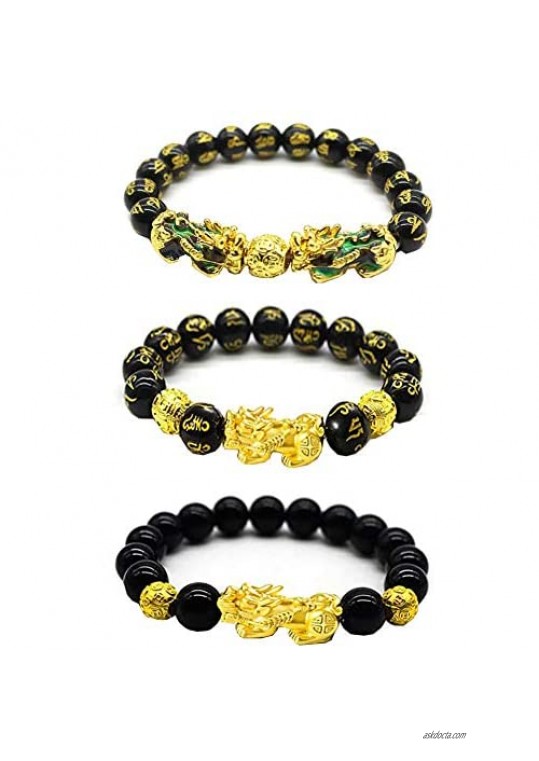 Black Obsidian Wealth Bracelet 3 Pcs Good Luck Pi Xiu Bracelets for Women Men Attract Health Wealth Money Jewelry